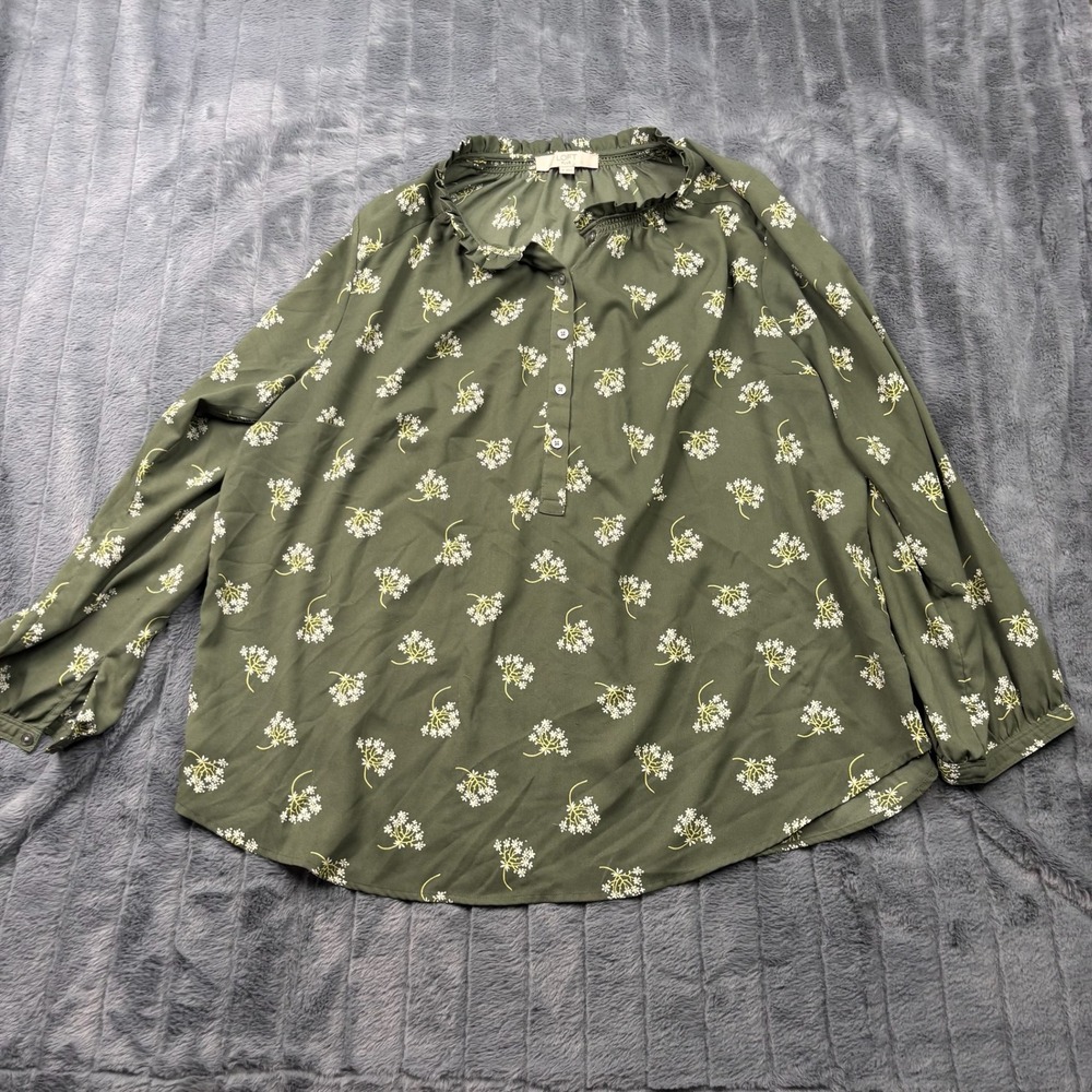 LOFT Plus Olive Green Floral Ruffle Neck Button Front Blouse Size 16 Long Sleeve